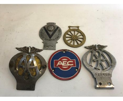 Two AA badges, an early Vintage Sports Car Club badge and a horse brass etc. 