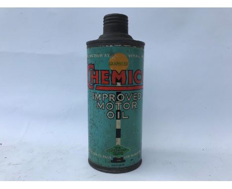 A rare Chemico Improved Motor Oil cylindrical quart oil can, missing cap.