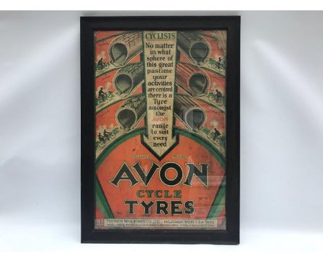 A rare Avon Cycle Tyres pictorial showcard set within an oak frame, 23 x 33".