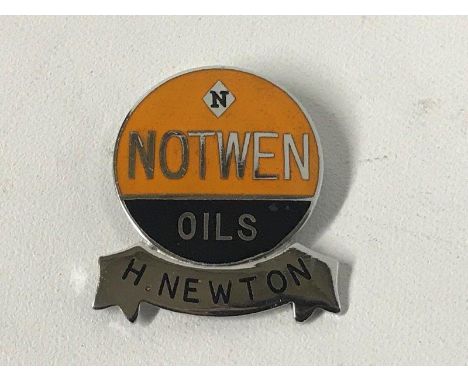 A Notwen Oils enamel lapel badge with H. Newton name bar. 