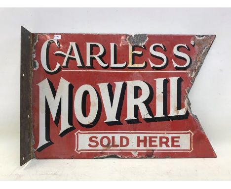 A very rare Carless' Movril Sold Here double sided enamel sign with re-attached hanging flange, 18 x 12". 