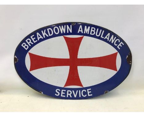 A rare Breakdown Ambulance Service oval enamel sign, 34 x 21 1/2". 