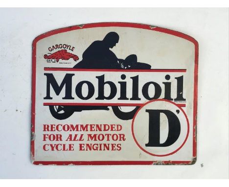 A Mobiloil 'D' pictorial dome topped double sided enamel sign with some older restoration now discoloured, 12 x 10 1/4".