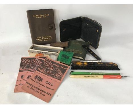 A selection of Notwen and Newton Oils promotional material to include parking tickets, a needlecase, a comb, pens etc. 