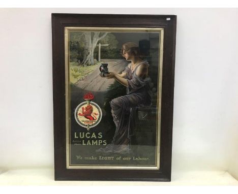 A rare framed and glazed Lucas Lamps pictorial showcard depicting a glamorous Edwardian lady holding a bicycle lamp, 24 1/4 x