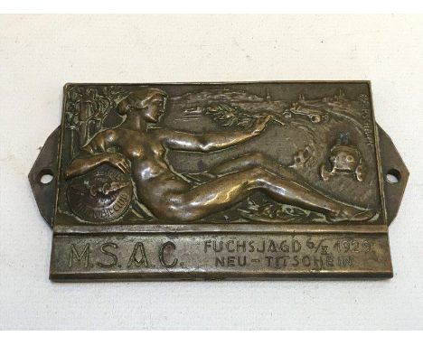 A fine early 20th Century Moravia Motor Sports Club bronze competitor's award, in raised relief depicting a draped nude godde