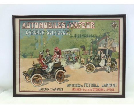 A rare Gardner-Serpollet pictorial showcard depicting veteran motorcars, a superb image, in excellent condition, framed and g