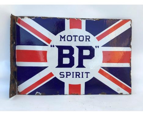 A BP Motor Spirit Union Jack double sided enamel sign with hanging flange by Franco, 24 x 16".