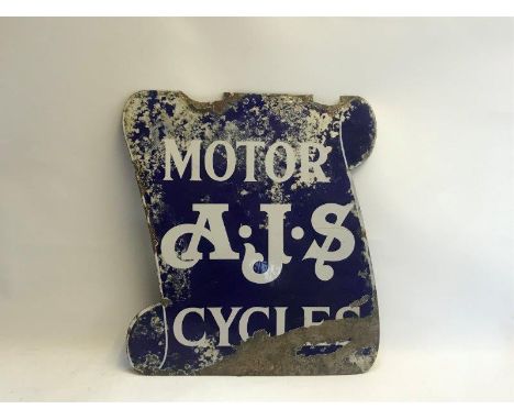 A rare and early AJS Motor Cycles scroll shaped double sided enamel sign, 13 x 20".