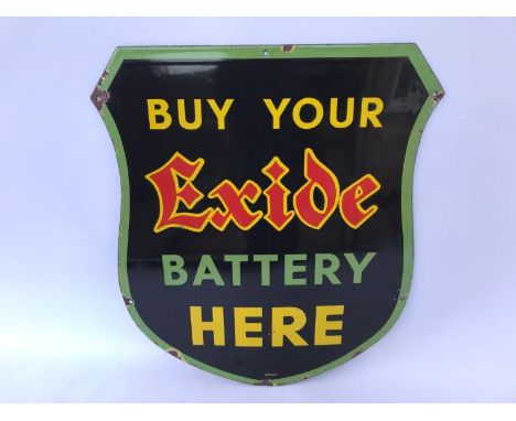 An Exide Battery shield shaped enamel sign by Stocal, with exceptional gloss, 20 1/2 x 24".