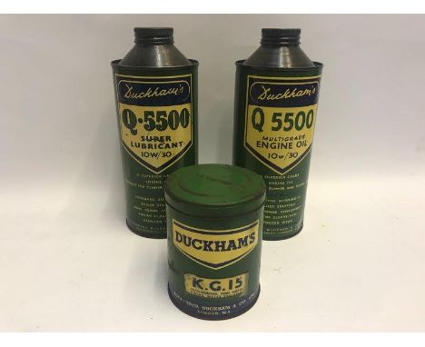 A Duckham's Q5500 Multi-grade Engine Oil cylindrical quart can, in excellent condition and a similar Duckham's can for Super 