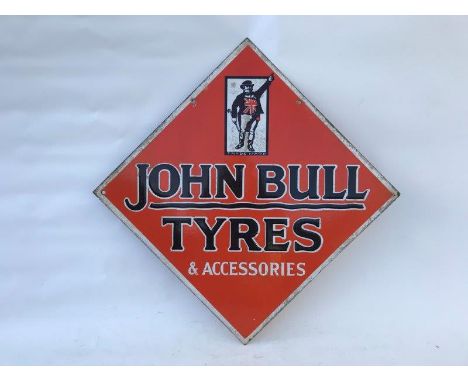 A John Bull Tyres and Accessories lozenge shaped double sided enamel sign, 28 1/4 x 28 1/4".