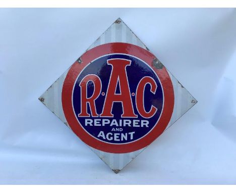 An early RAC Repairer and Agent lozenge shaped double sided hanging enamel sign, 28 x 28".