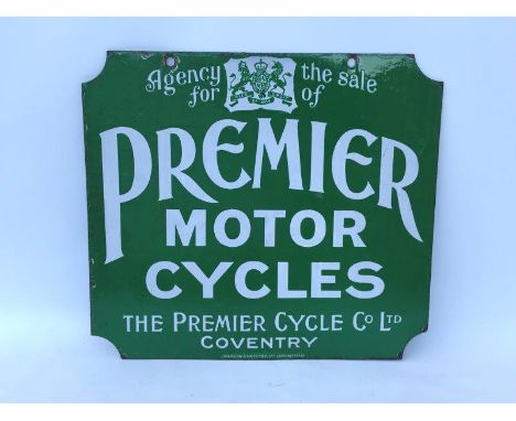 An early Premier Motor Cycles double sided hanging enamel sign by Wildman and Meguyer Limited, Birmingham, with coat of arms 