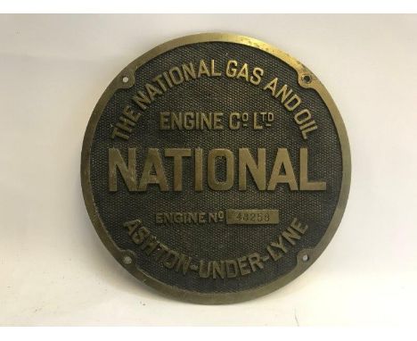 A National Gas and Oil Engine Company Limited of Ashton-Under-Lyne circular engine plate, no. 48258, 9 1/2" diameter.