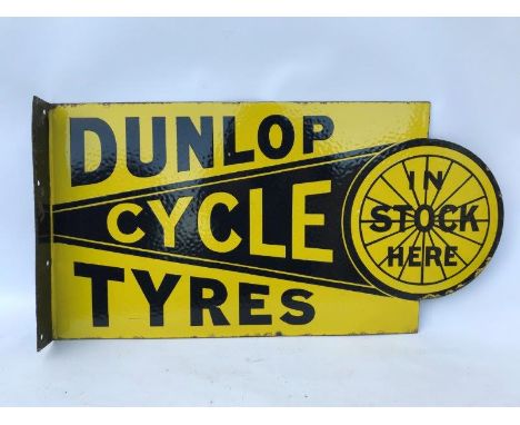 A Dunlop Cycle Tyres in Stock Here double sided enamel sign with hanging flange by Griffiths & Browett Limited, Birmingham an