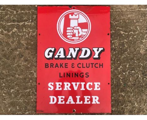 A Gandy Brake Clutch Linings Service Dealer enamel sign, 15 1/2 x 22 1/2", with one small patch of restoration.