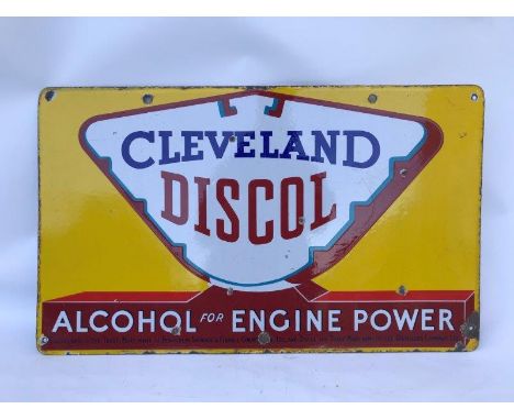 A Cleveland Discol 'Alcohol for engine power' rectangular double sided hanging enamel sign with globe motif and four addition