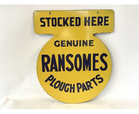A Ransomes Genuine Plough Parts Stocked Here double sided shaped enamel sign, in excellent condition, with metal bracket, 15 