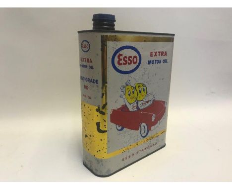 An Esso Extra Motor Oil 20W40 Multi-grade oil can with image to one side depicting two Esso figures driving a car.