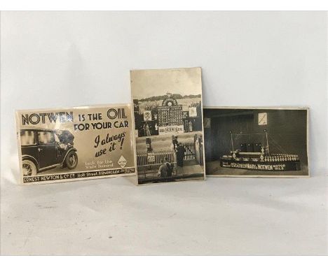 Three Notwen related early black and white postcards including an image depicting a model of The Queen Mary lined up with oil