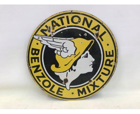 A National Benzole Mixture circular enamel sign with central Pegasus motif, 18 1/4" diameter.