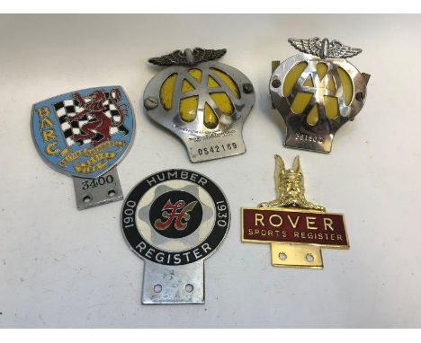 A group of pre and post war car badges circa 1930s and later including BARC (Goodwood) Member's Car Badge no. 3400 with AA me