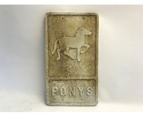 A rare cast aluminium road sign by The Poole Foundry Limited, warning of Ponys, 11 x 19 1/2".