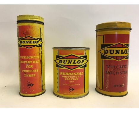 A Dunlop Vulcafix Patch Strip cylindrical tin with contents, possibly new old stock; a Dunlop Rubbaseal tin and a Dunlop Redd