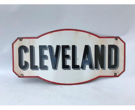 A Cleveland shaped double sided hanging enamel sign, 30 x 15". 