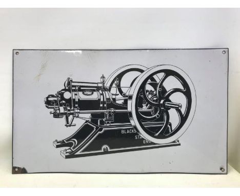 A Blackstone stationary engine pictorial black and white enamel sign, 23 3/4 x 13 3/4".