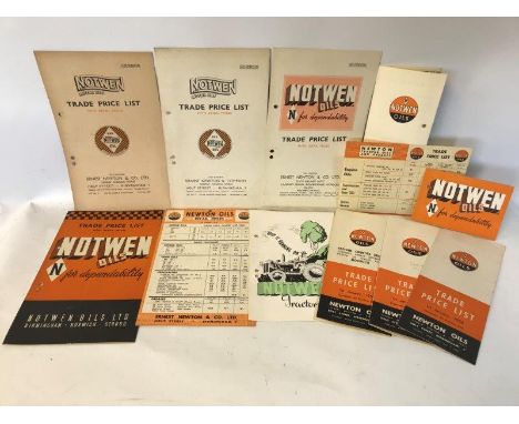 A quantity of Notwen related literature to include trade price lists, a retail price chart, a tractor oils brochure etc. 