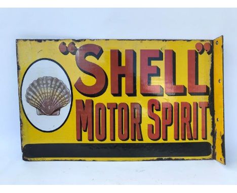 A rare and early Shell Motor Spirit double sided enamel sign with hanging flange, with clam shell motif, flange re-attached, 