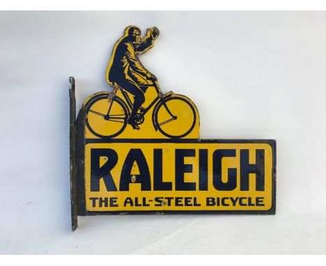 A Raleigh The All-Steel Bicycle pictorial die-cut double sided enamel sign with very good gloss, lacking original hanging fla