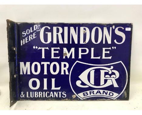 A rare Grindon's 'Temple' Motor Oil Lubricants rectangular double sided enamel sign with hanging flange, one side with restor