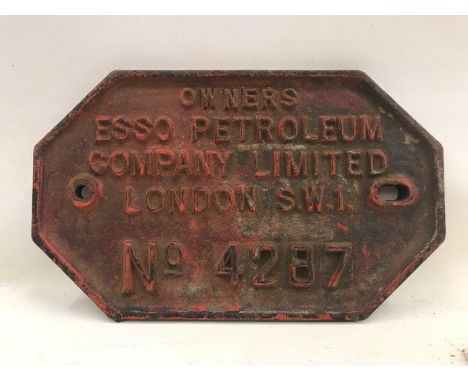 An Esso Petroleum Company Limited railway tanker wagon plate, no. 4287, 9 1/4 x 5 3/4".