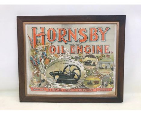 A rare Hornsby Oil Engine pictorial showcard in original stamped frame, 37 1/2 x 32 1/2".