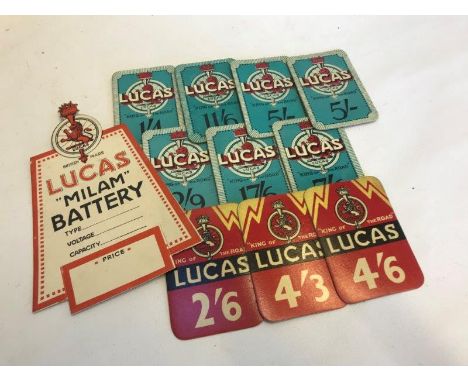 Various Lucas price tickets and a Lucas Milam Battery price ticket, new old stock. 