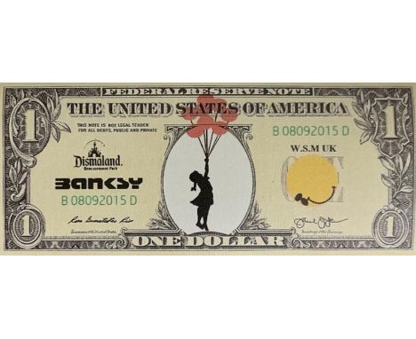 BANKSY X DISMALAND – D’APRESDismal Dollar Canvas, 2015Sérigraphie sur toile, édition limitée, livré avec le ticket d’entrée .