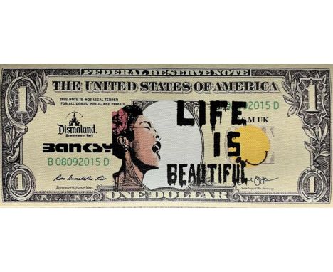 BANKSY X DISMALAND – D’APRESDismal Dollar Canvas, 2015Sérigraphie sur toile, édition limitée, livré avec le ticket d’entrée .