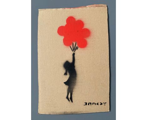 BANKSY (Né en 1974) (D’après)« Flying balloons girl ». 2015. Bombe aérosol et pochoir sur carton. Signé « Banksy » sur le dev