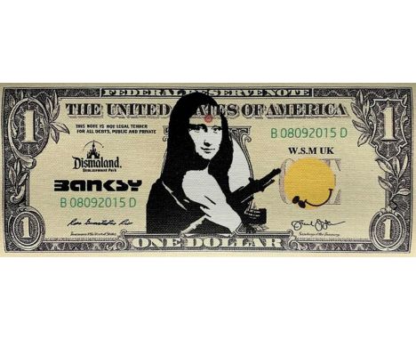 BANKSY X DISMALAND – D’APRESDismal Dollar Canvas, 2015Sérigraphie sur toile, édition limitée, livré avec le ticket d’entrée.C