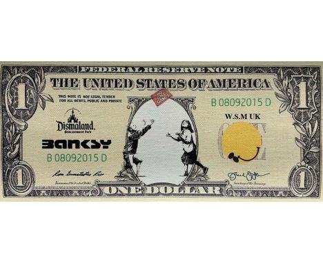 BANKSY X DISMALAND – D’APRESDismal Dollar Canvas, 2015Sérigraphie sur toile, édition limitée, livré avec le ticket d’entrée.C