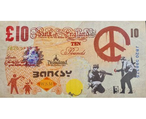 BANKSY X DISMALAND – D’APRESBanksy is a Dismal, 2015Sérigraphie sur toile figurant un billet de 10 poundsSérigraphie sur toil