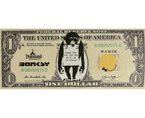 BANKSY X DISMALAND – D’APRESDismal Dollar Canvas, 2015Sérigraphie sur toile, édition limitée, livré avec le ticket d’entrée .