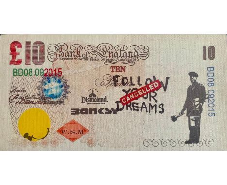 BANKSY X DISMALAND – D’APRESBanksy is a Dismal, 2015Sérigraphie sur toile figurant un billet de 10 poundsSérigraphie sur toil