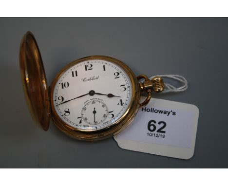 A 9ct gold hunting cased pocket watch,  the white enamel dial with Arabic numerals and subsidiary seconds at six o'clock, sig