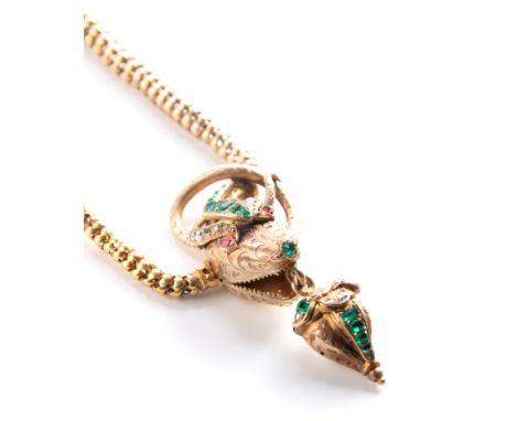 An early Victorian gem-set serpent pendant necklace, the realistically modelled head set with a graduated line of mixed cut e
