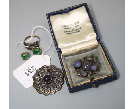 An Art Nouveau five stone chalcedony pendant, in Sibyl Dunlop case, and antique half hoop two row ring, a Celtic brooch and a