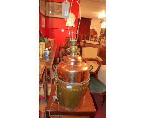 A large copper oil lamp together with a copper coal bucket (2)
